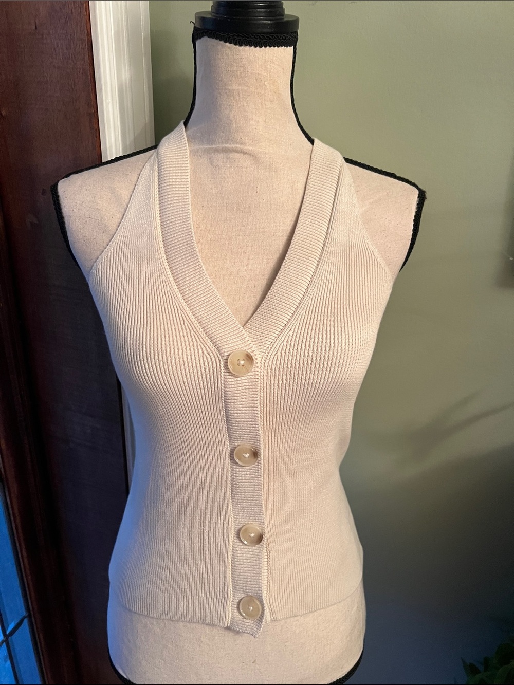 LOFT Cream Ribbed Knit Tank Top with Button Detail